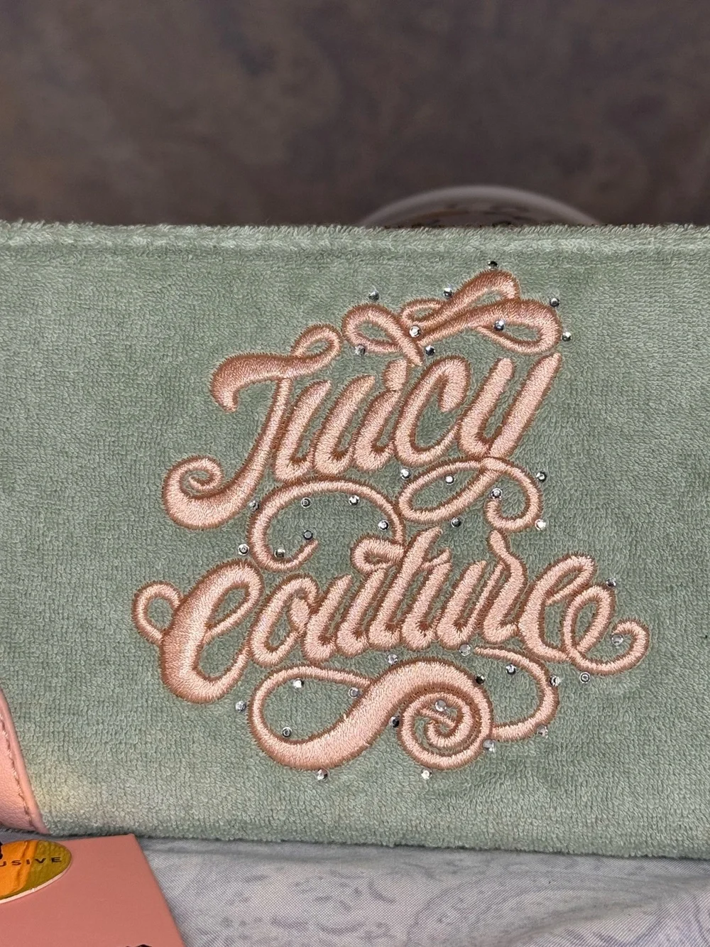 Juicy Couture Soft Terrycloth Mint with Pink Embroidered Logo Wristlet Wallet